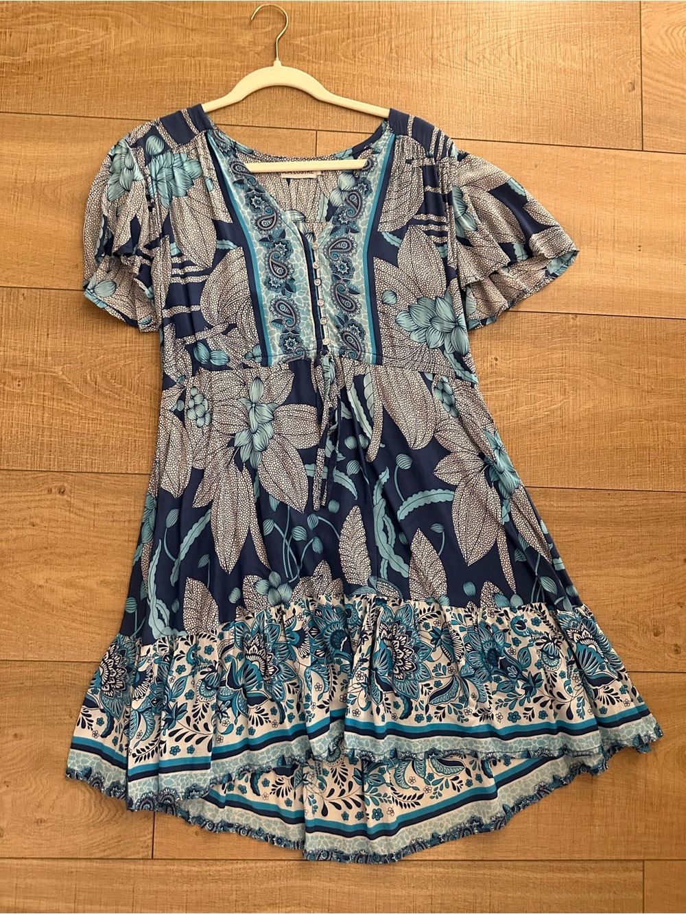 Sea Lustre Blue Floral Boho Short Sleeve Dress Size M/L